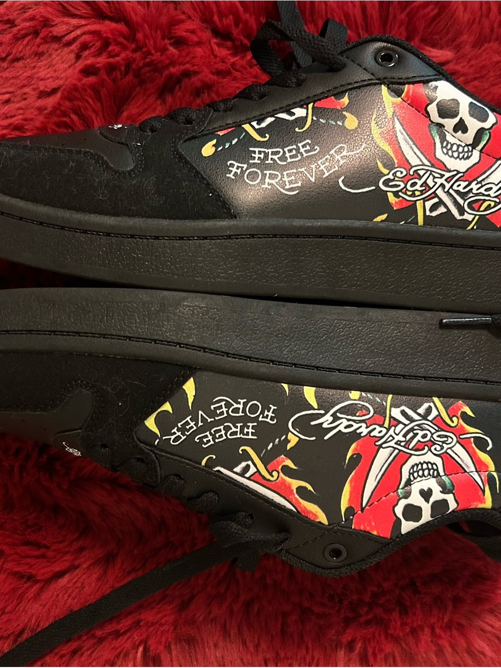 Ed Hardy Men’s Black Sneakers with Red and Yellow Skull Graphics